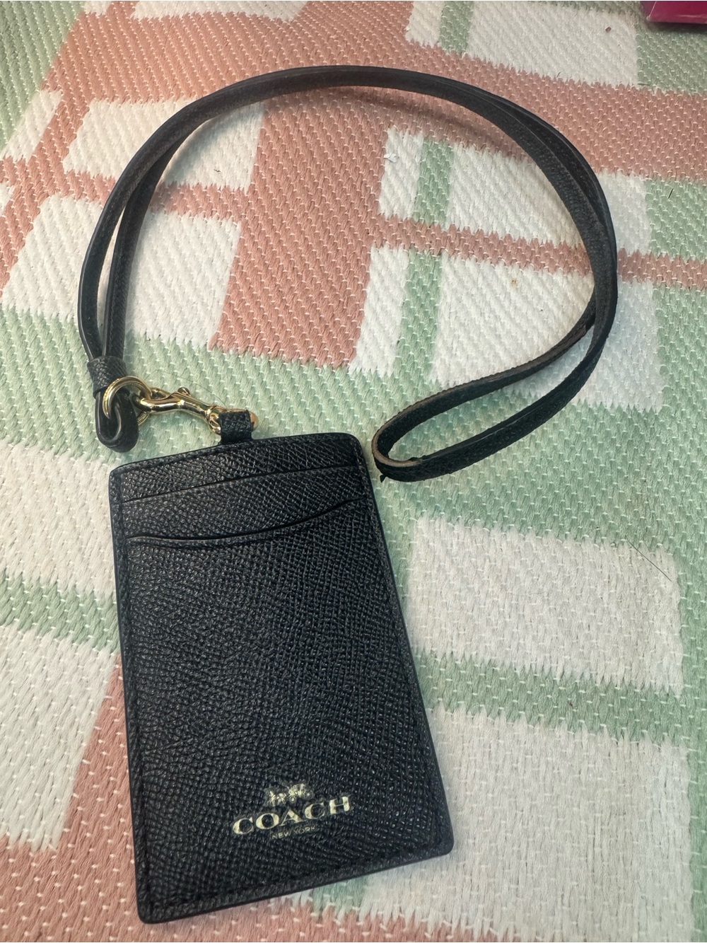 Coach Black Saffiano Leather Lanyard Card Holder with Gold